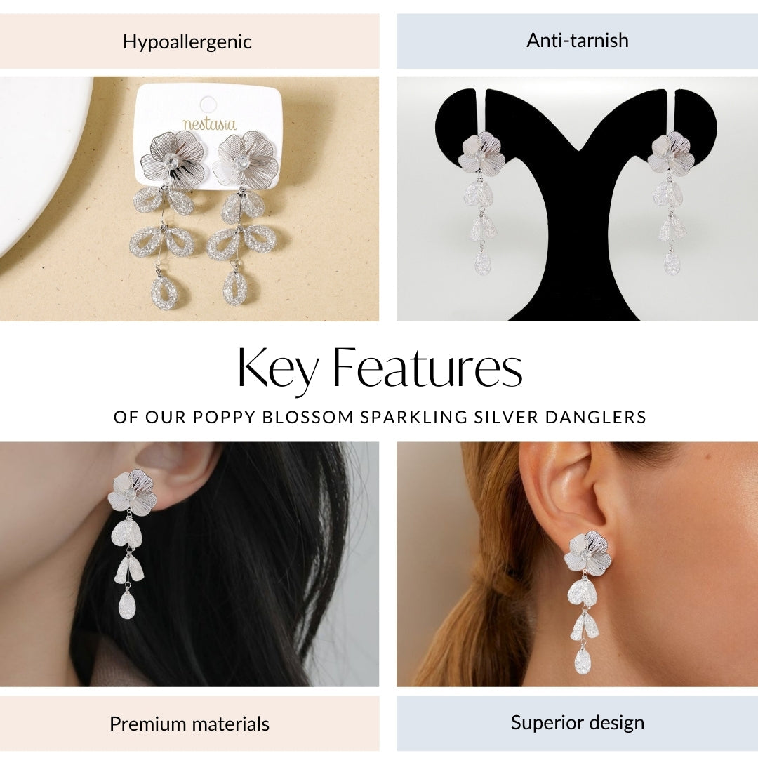 Poppy Blossom Sparkling Silver Danglers Nestasia