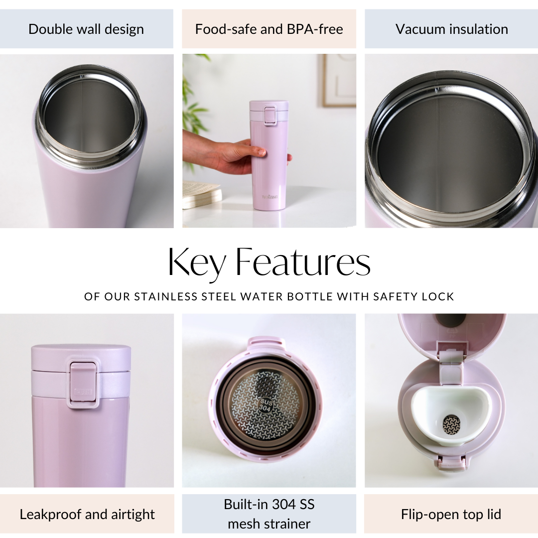 Thermox Vacuum Insulated Water Bottle With Strainer Lilac Mist 450ml Nestasia