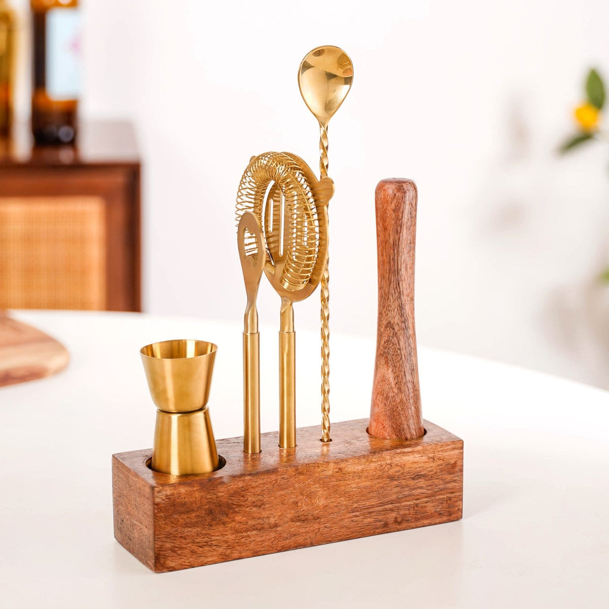 Premium Bar Tool Set Of 5 With Wooden Base Stand Nestasia
