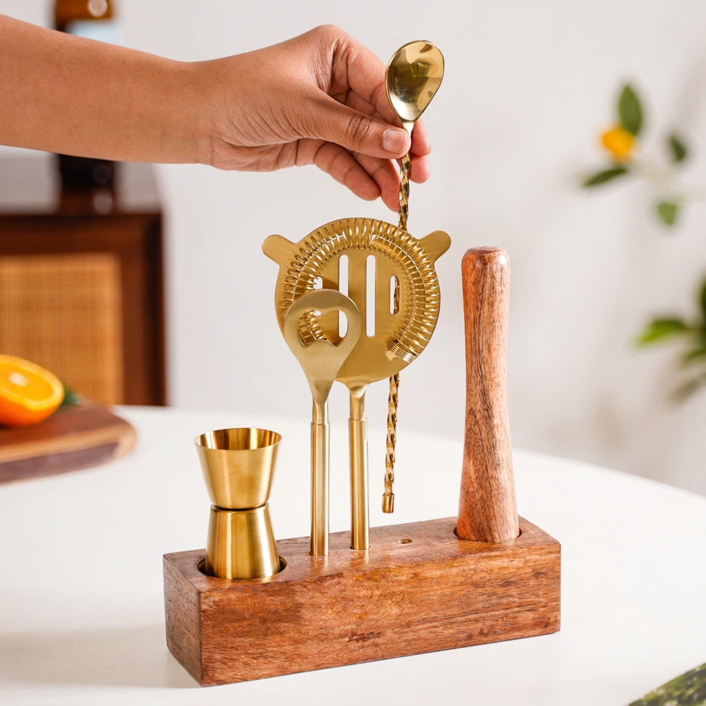 Premium Bar Tool Set Of 5 With Wooden Base Stand Nestasia