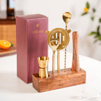 Premium Bar Tool Set Of 5 With Wooden Base Stand Nestasia