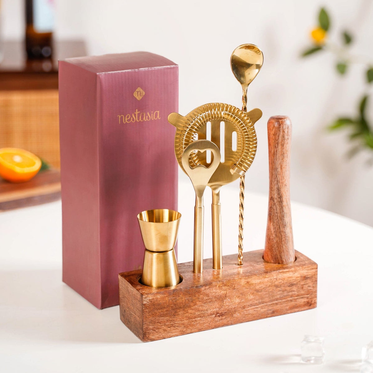Premium Bar Tool Set Of 5 With Wooden Base Stand Nestasia