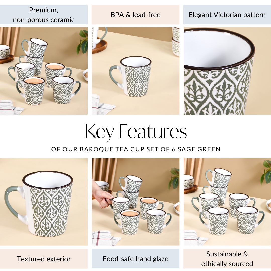 Baroque Tea Cup Set Of 6 Sage Green 200ml Nestasia