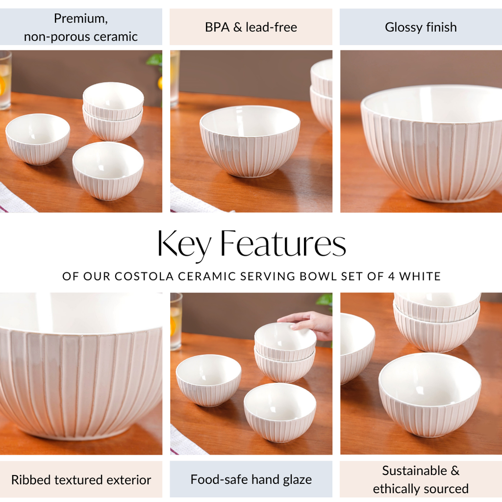 Costola Ceramic Serving Bowl Set Of 4 Off White 650ml Nestasia