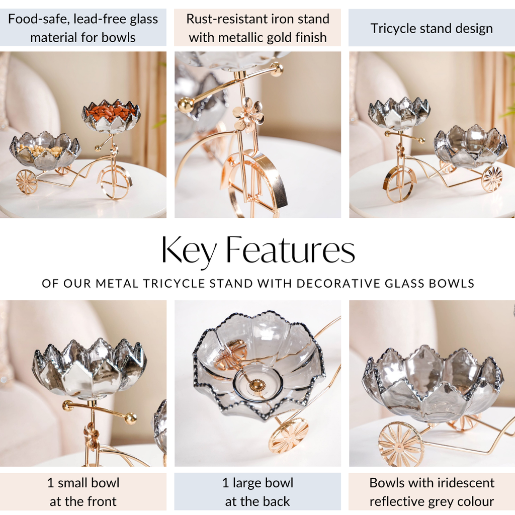 Metal Tricycle Stand With Decorative Glass Bowls Nestasia