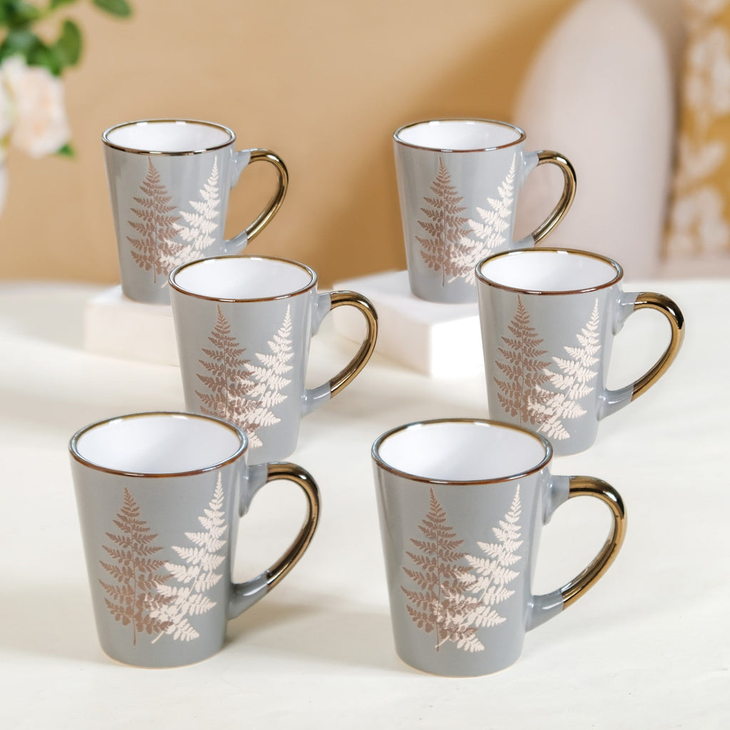 Fern Leaves Design Ceramic Mug Set Of 6 Grey 350ml Nestasia