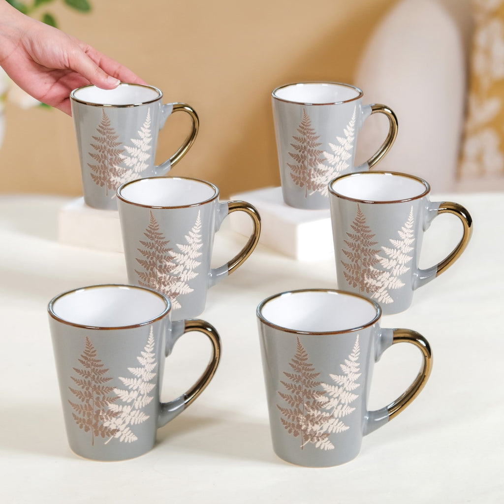 Fern Leaves Design Ceramic Mug Set Of 6 Grey 350ml Nestasia