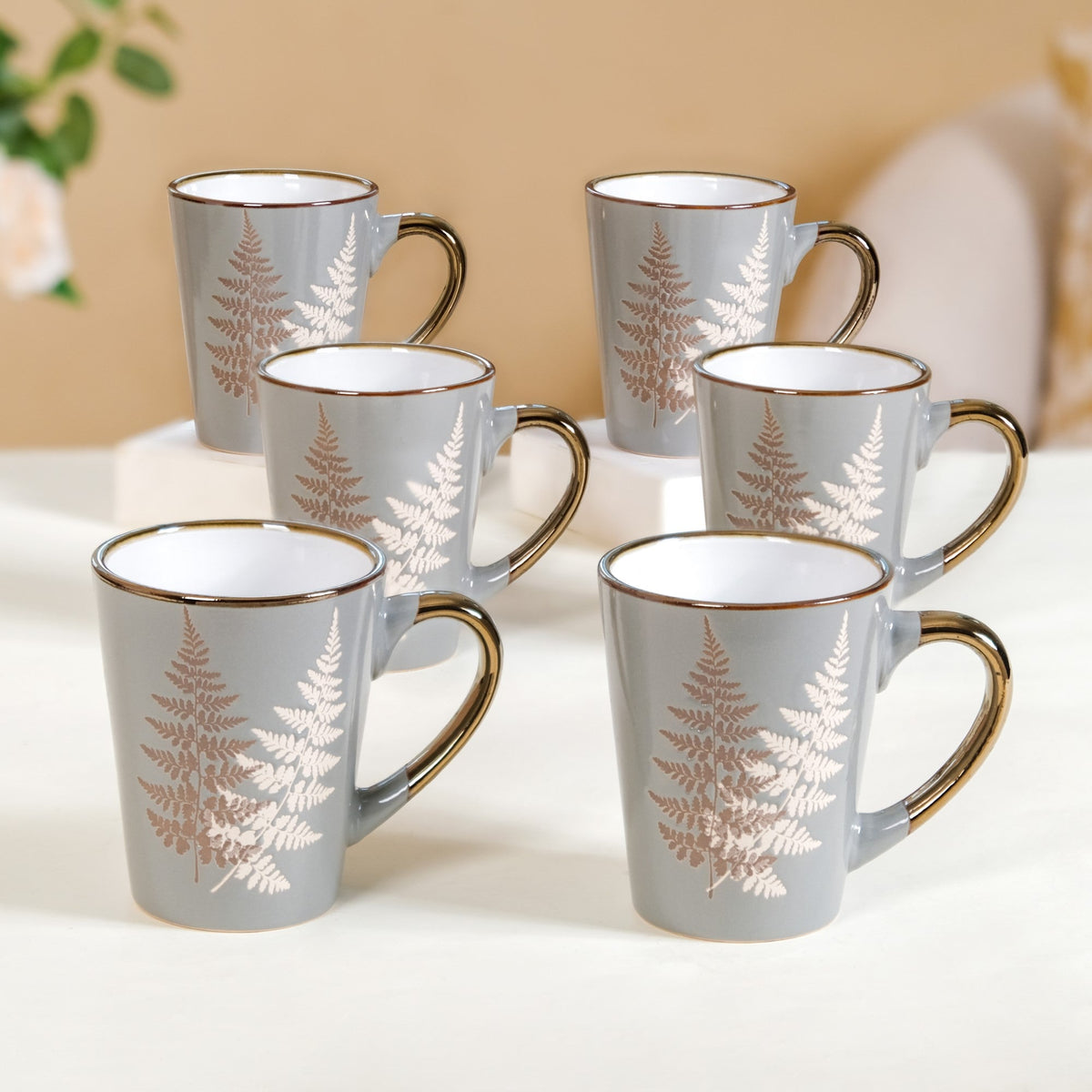 Fern Leaves Design Ceramic Mug Set Of 6 Grey 350ml Nestasia