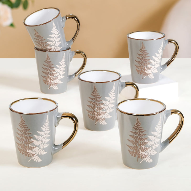 Fern Leaves Design Ceramic Mug Set Of 6 Grey 350ml Nestasia