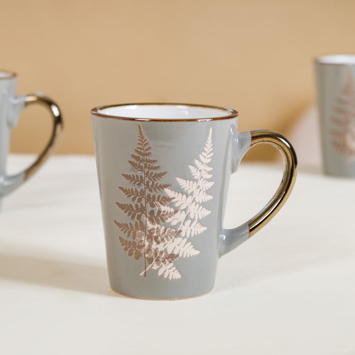 Fern Leaves Design Ceramic Mug Set Of 6 Grey 350ml Nestasia
