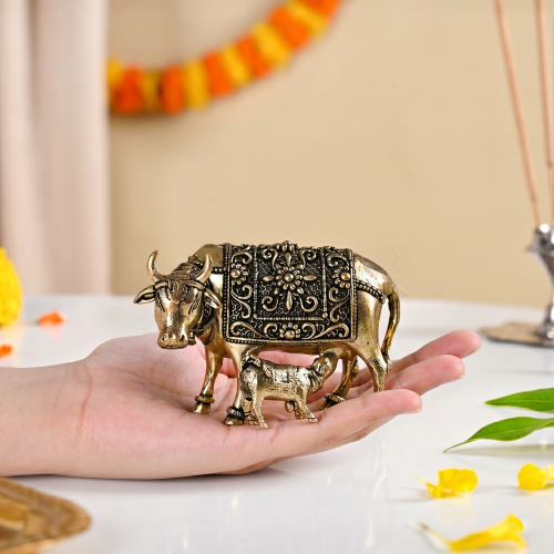 Wish Fulfilling Kamdhenu Cow Calf Idol Pure Brass 4cm In Gift Box Nestasia