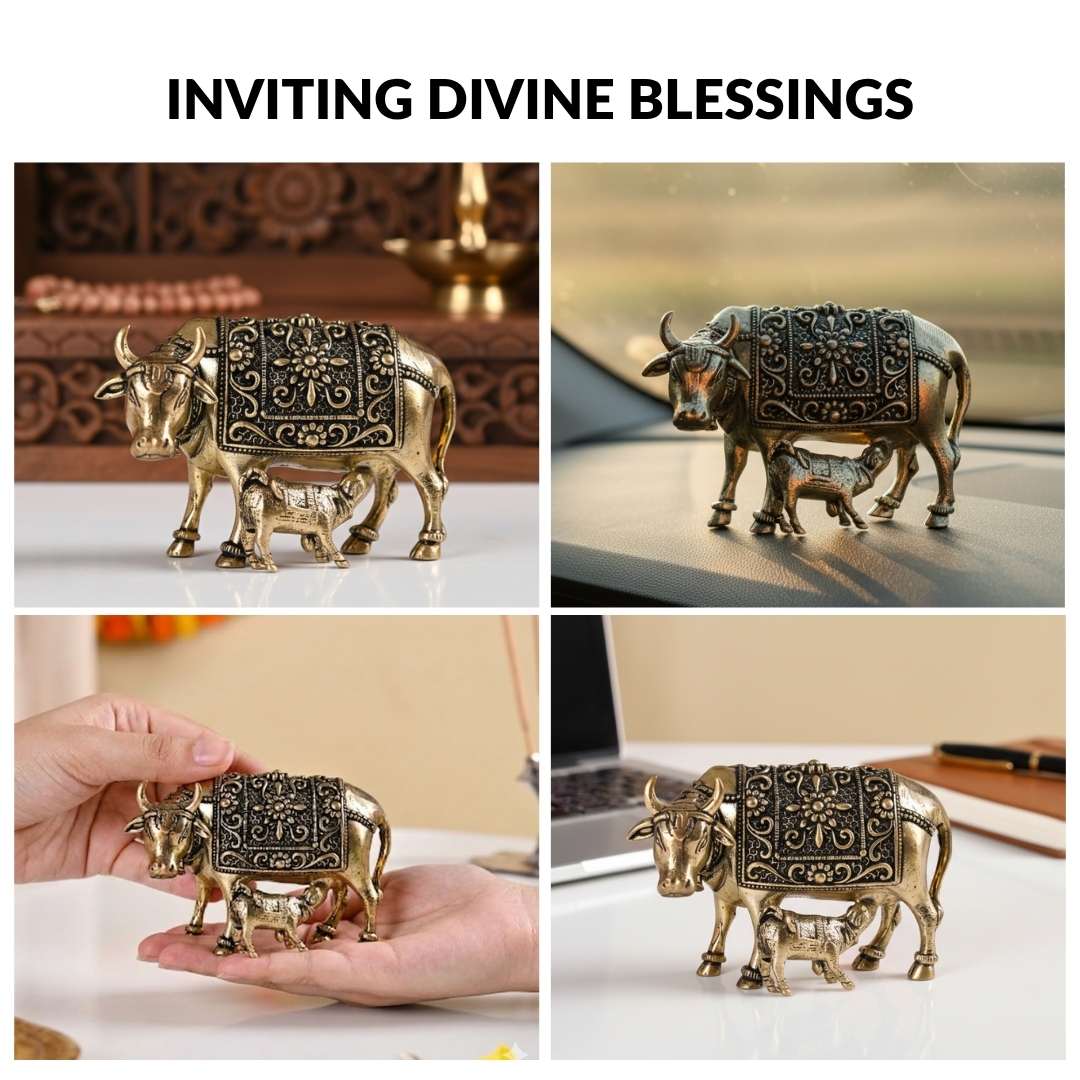 Wish Fulfilling Kamdhenu Cow Calf Idol Pure Brass 4cm In Gift Box Nestasia