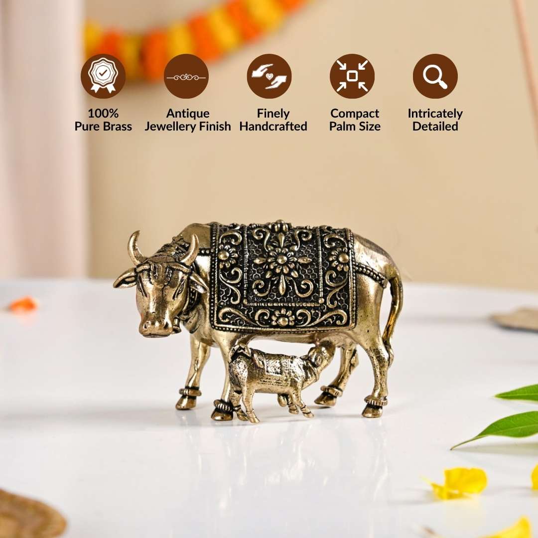 Wish Fulfilling Kamdhenu Cow Calf Idol Pure Brass 4cm In Gift Box Nestasia