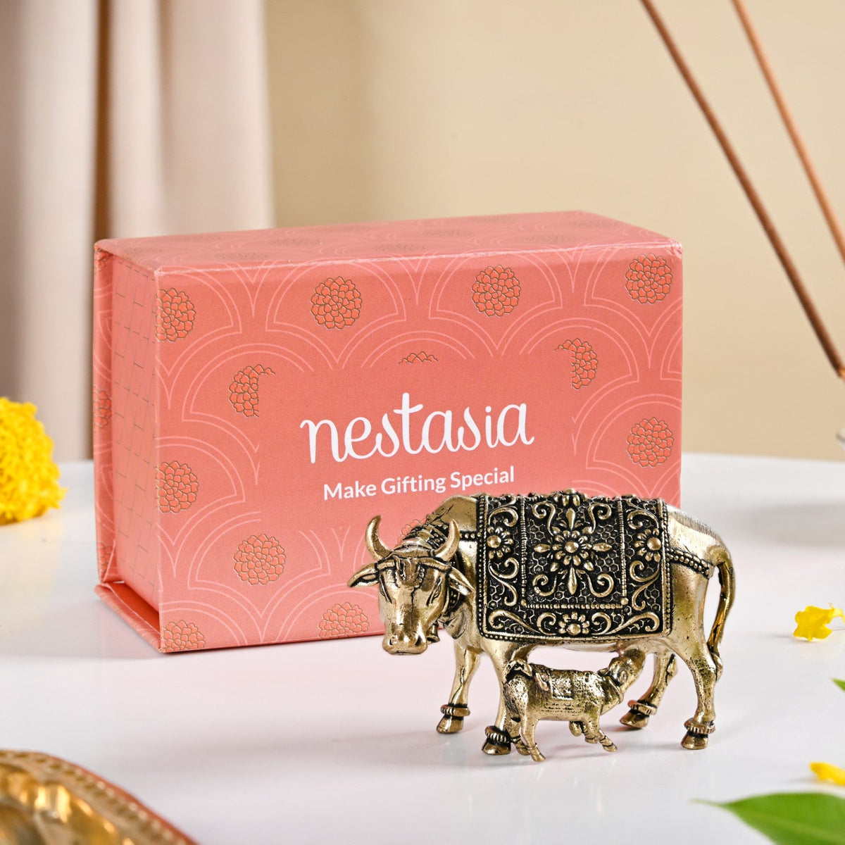 Wish Fulfilling Kamdhenu Cow Calf Idol Pure Brass 4cm In Gift Box Nestasia