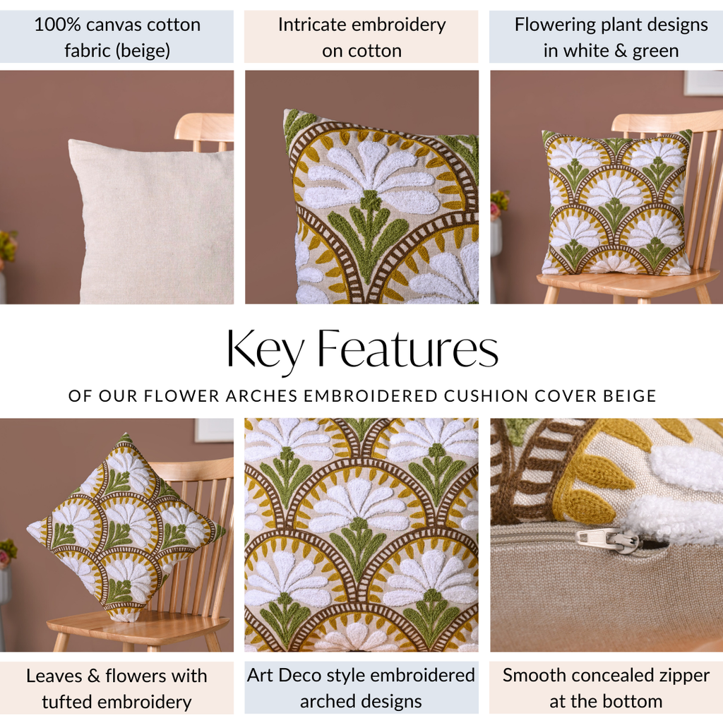 Flower Arches Embroidered Cushion Cover Beige 40x40cm Nestasia