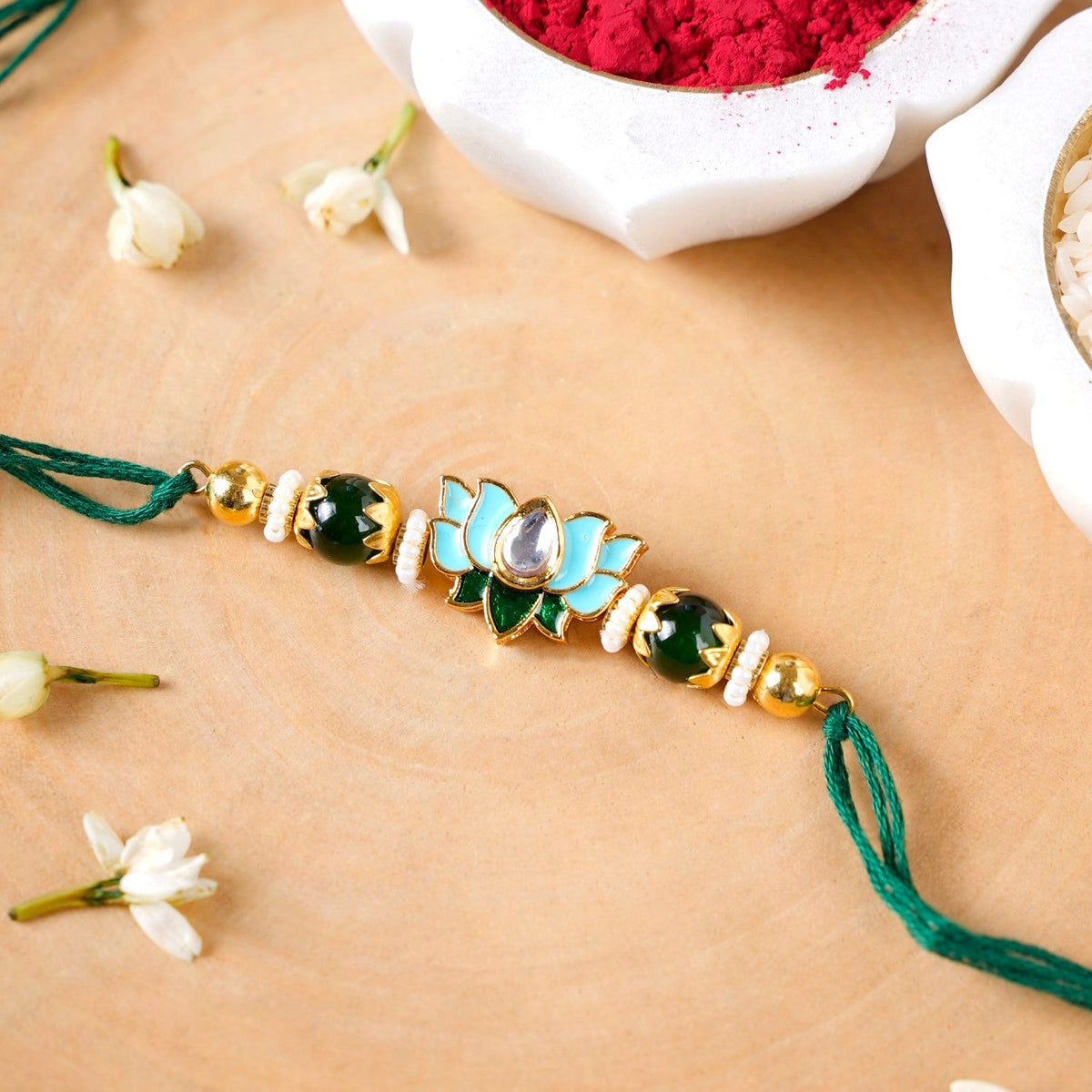 Green Kundan Lotus Rakhi Gift Set For Bhaiya Bhabhi Nestasia
