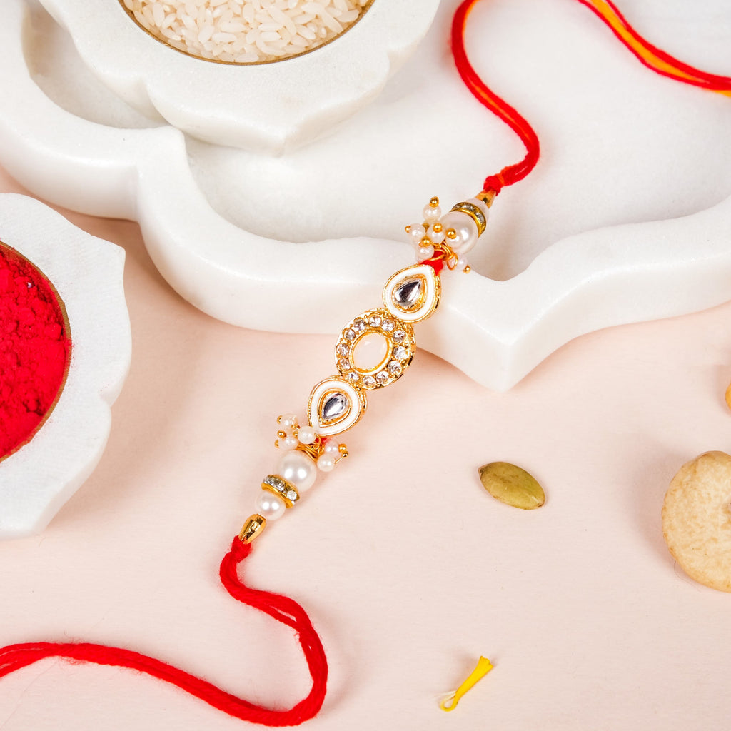 Stone And Pearl White Kundan Rakhi Set For Couple Nestasia