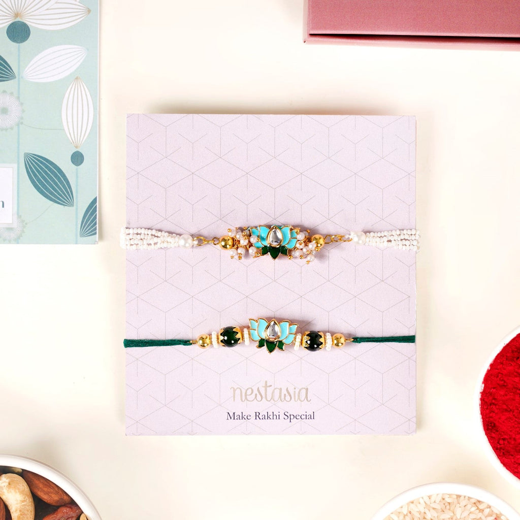 Green Kundan Lotus Rakhi Gift Set For Bhaiya Bhabhi Nestasia