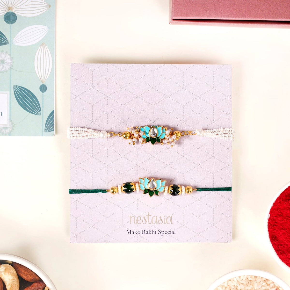 Green Kundan Lotus Rakhi Gift Set For Bhaiya Bhabhi Nestasia