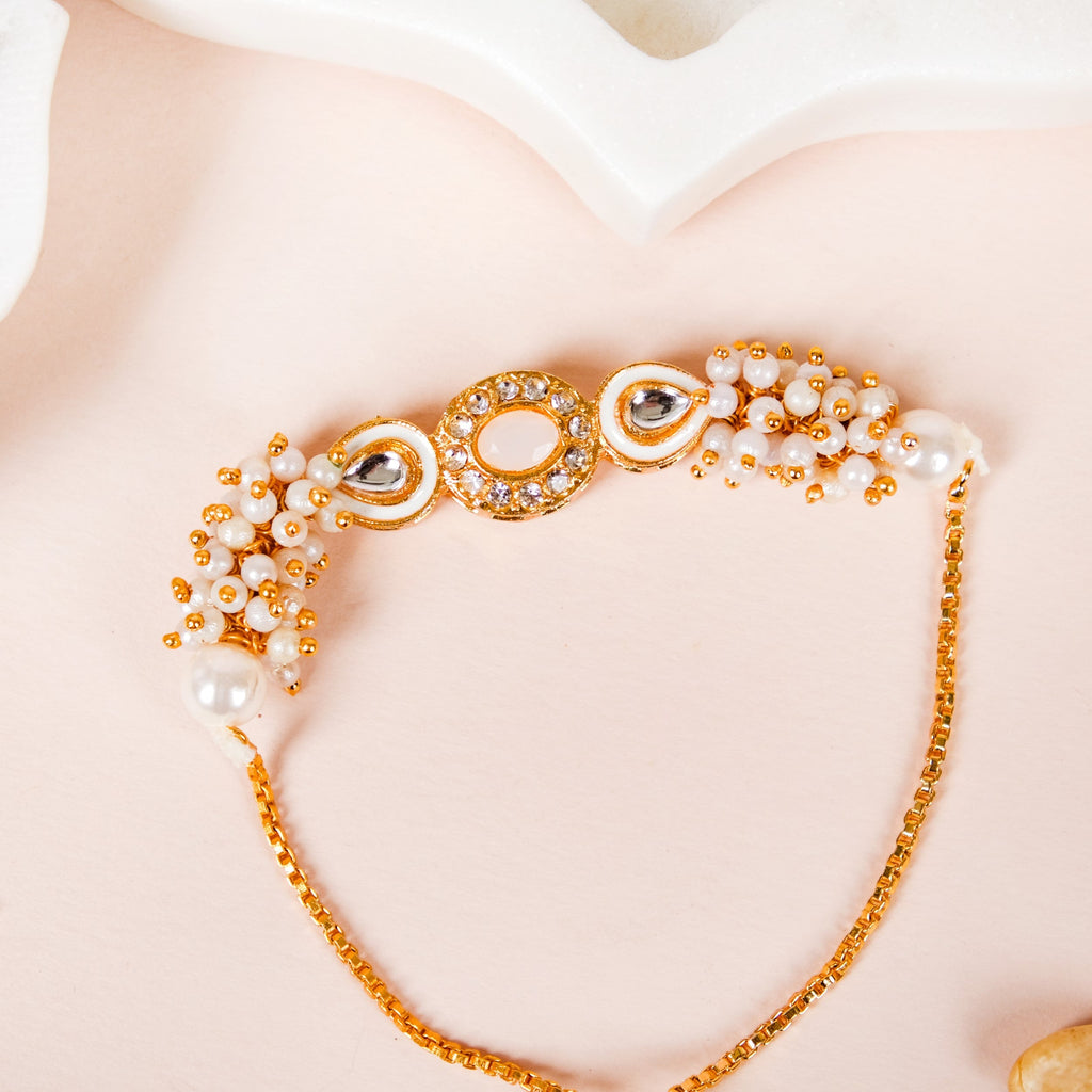 Stone And Pearl White Kundan Rakhi Set For Couple Nestasia