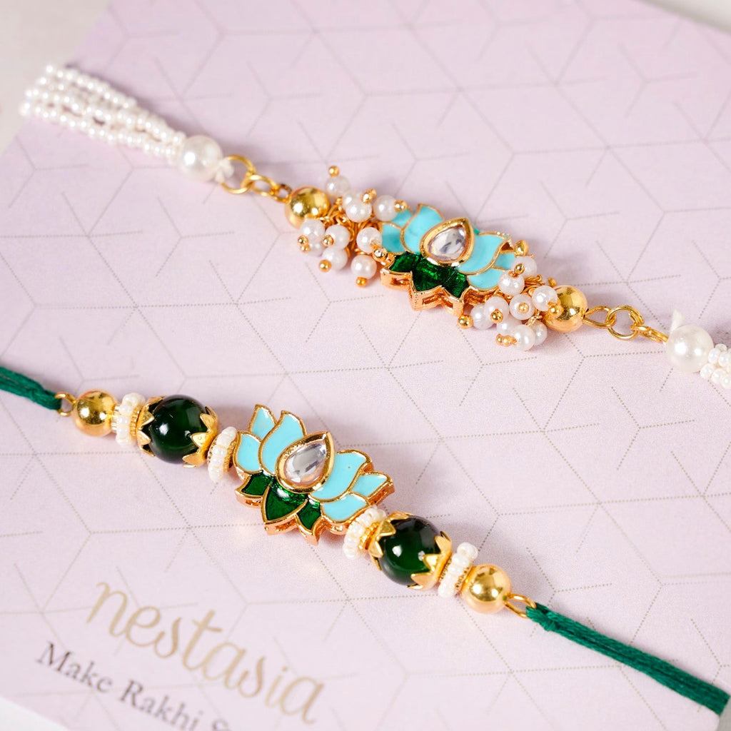 Green Kundan Lotus Rakhi Gift Set For Bhaiya Bhabhi Nestasia