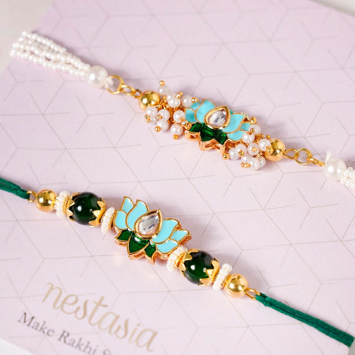 Green Kundan Lotus Rakhi Gift Set For Bhaiya Bhabhi Nestasia