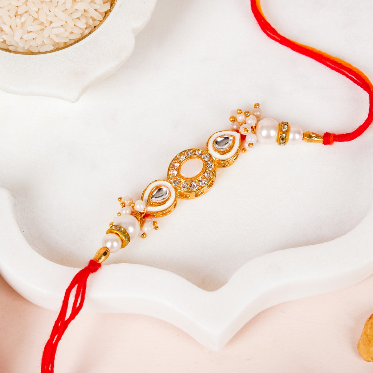 Stone And Pearl White Kundan Rakhi Set For Couple Nestasia