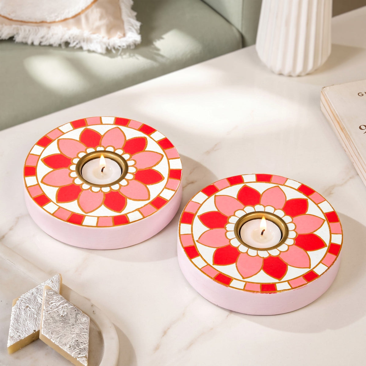 Rangoli Handpainted Wooden Tealight Holder Set Of 2 Nestasia