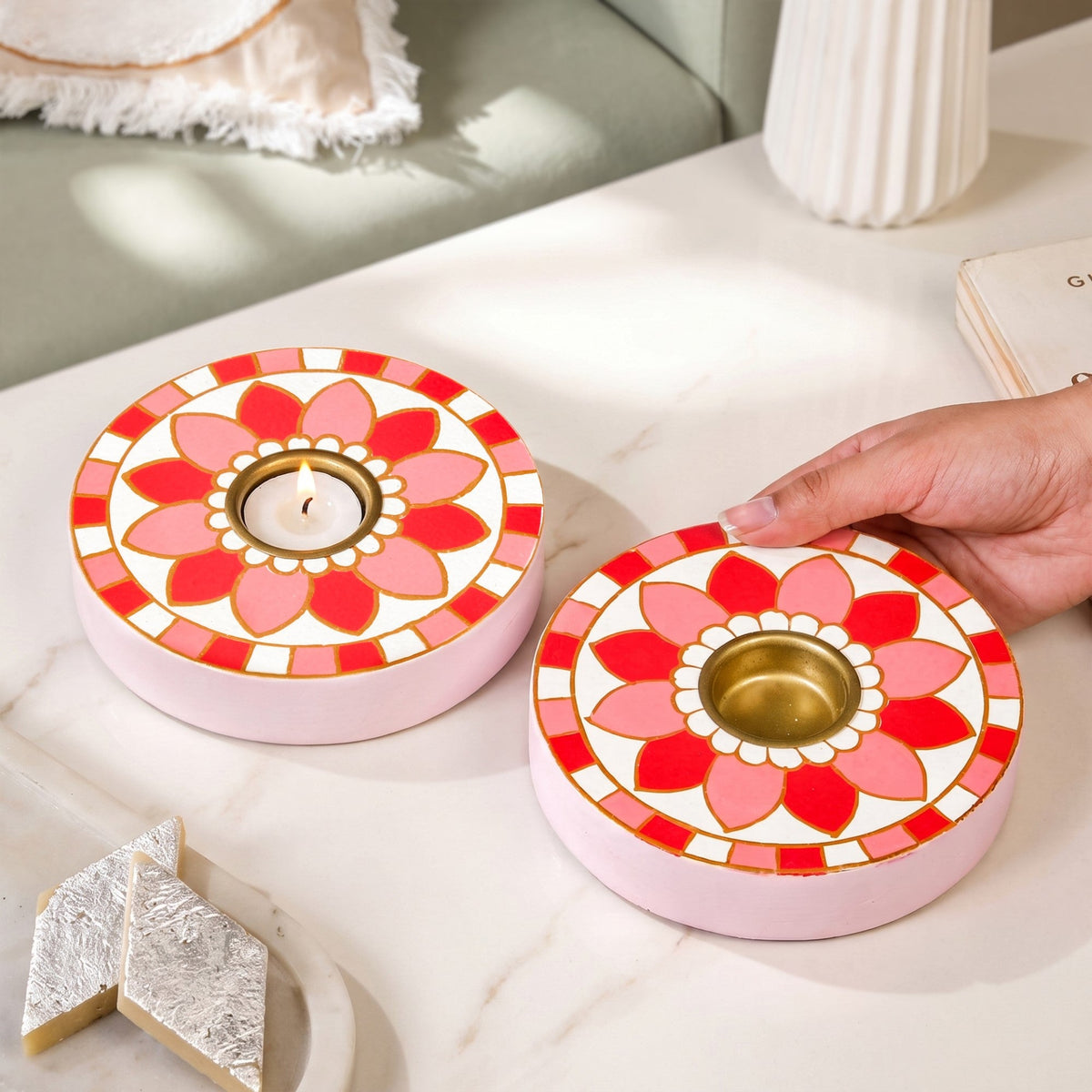 Rangoli Handpainted Wooden Tealight Holder Set Of 2 Nestasia