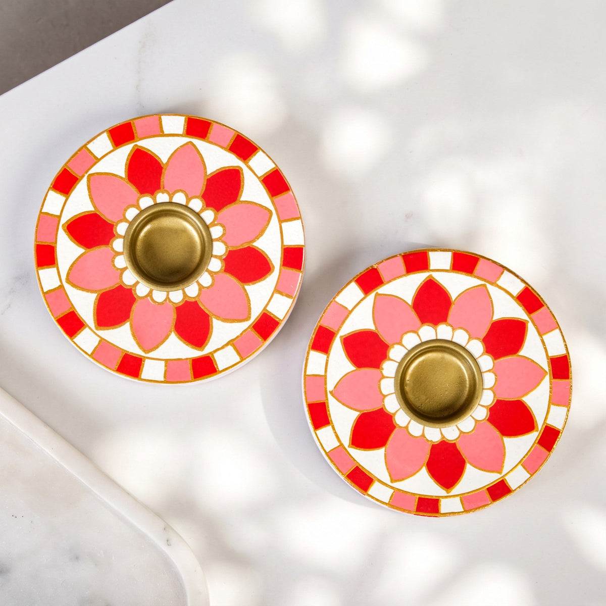 Rangoli Handpainted Wooden Tealight Holder Set Of 2 Nestasia