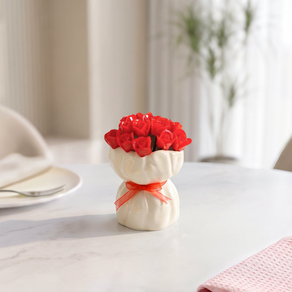 Red Rose Fruit Fork With Ceramic Vase Set Of 13 Nestasia