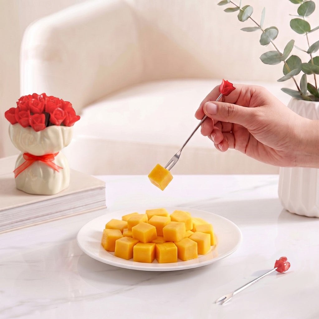 Red Rose Fruit Fork With Ceramic Vase Set Of 13 Nestasia