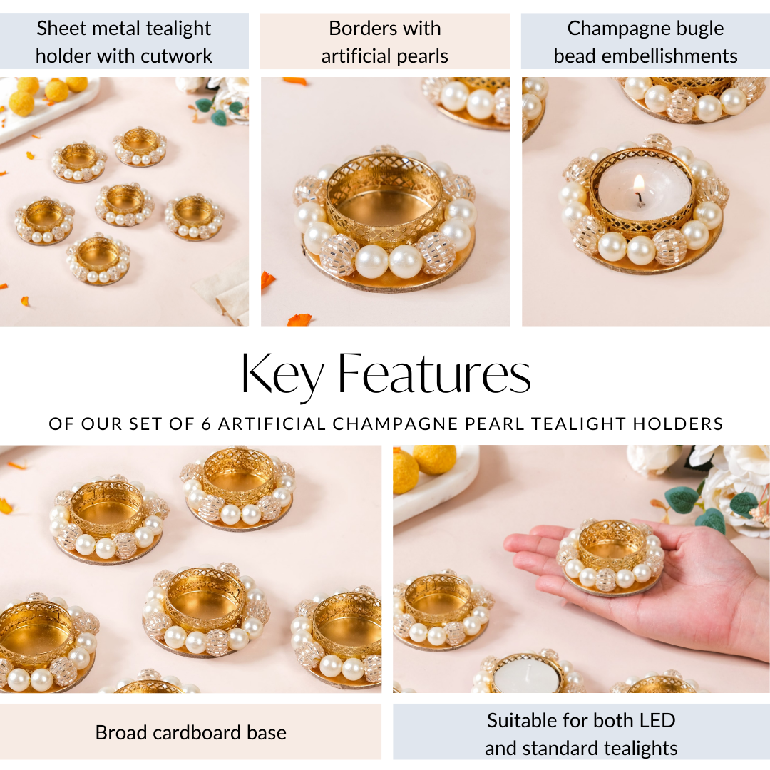 Set Of 6 Artificial Champagne Pearl Tealight Holders Nestasia