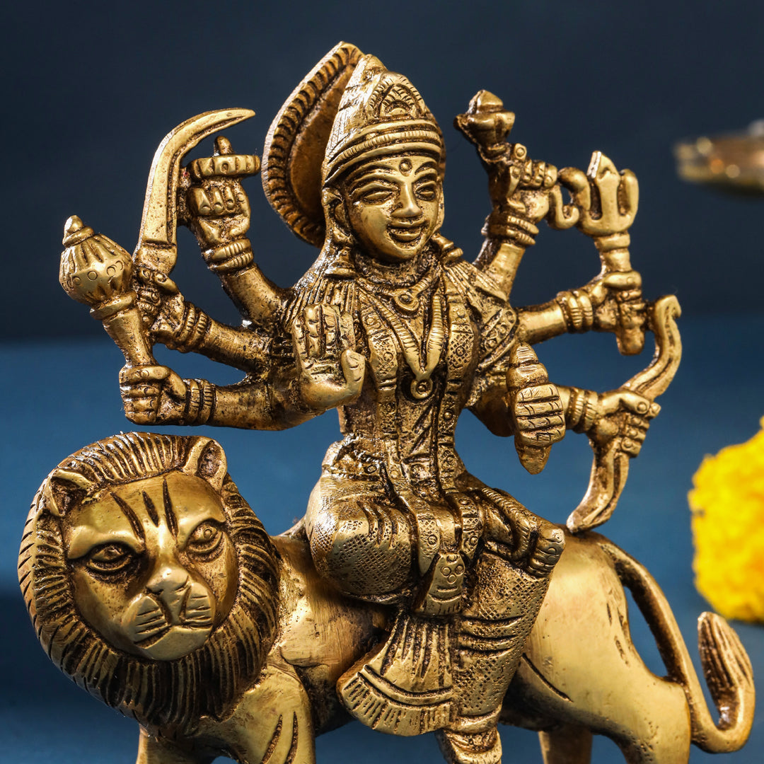 Brass Durga Idol Sitting On Loin (5.5 Inch) Vedansh Craft