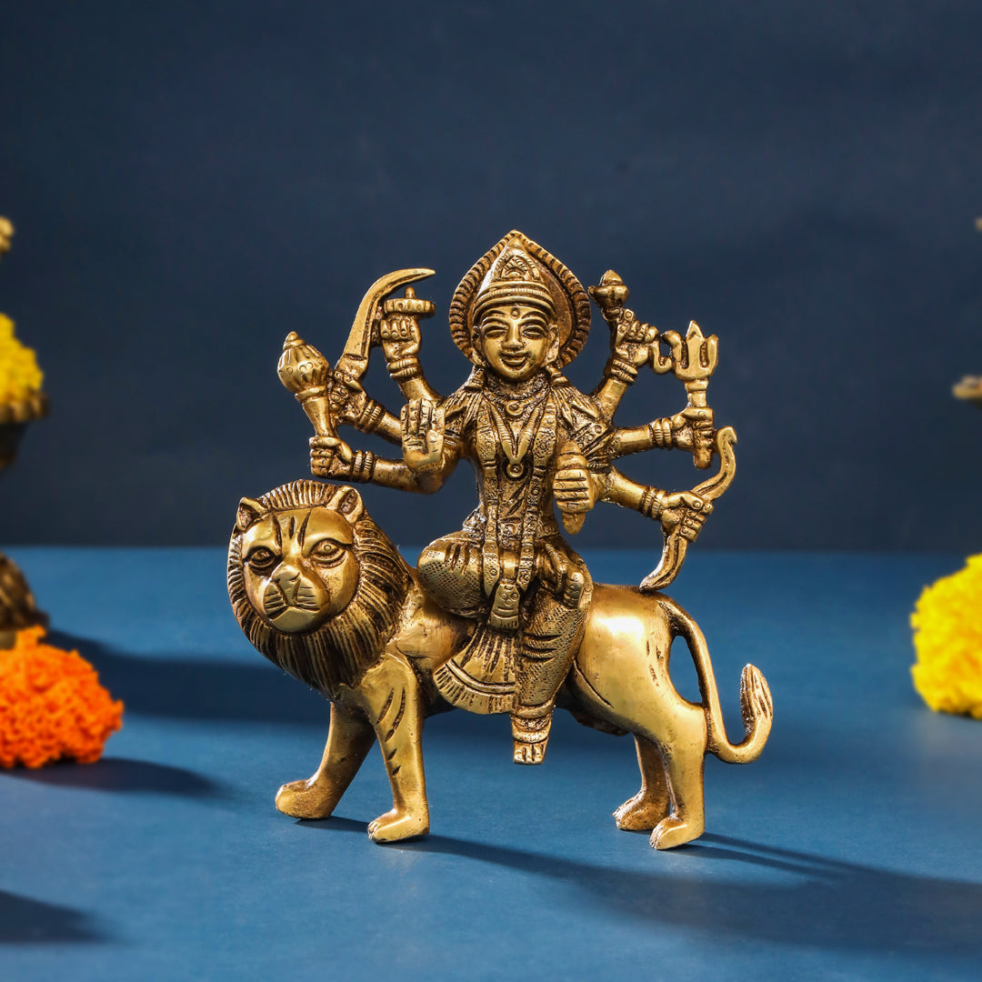 Brass Durga Idol Sitting On Loin (5.5 Inch) Vedansh Craft