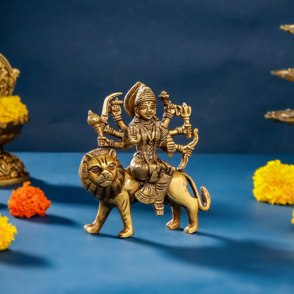 Brass Durga Idol Sitting On Loin (5.5 Inch) Vedansh Craft