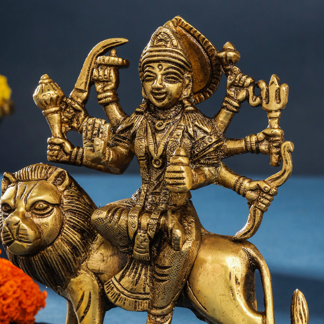 Brass Durga Idol Sitting On Loin (5.5 Inch) Vedansh Craft
