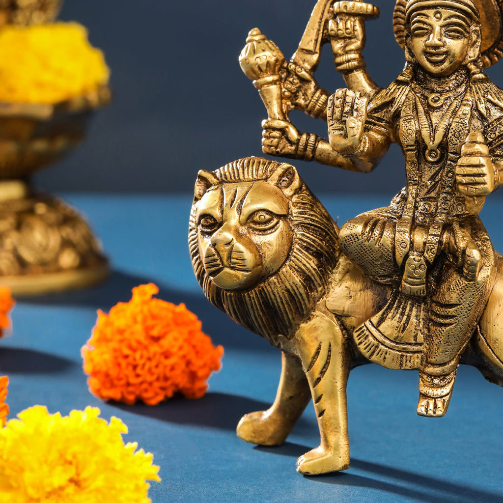 Brass Durga Idol Sitting On Loin (5.5 Inch) Vedansh Craft