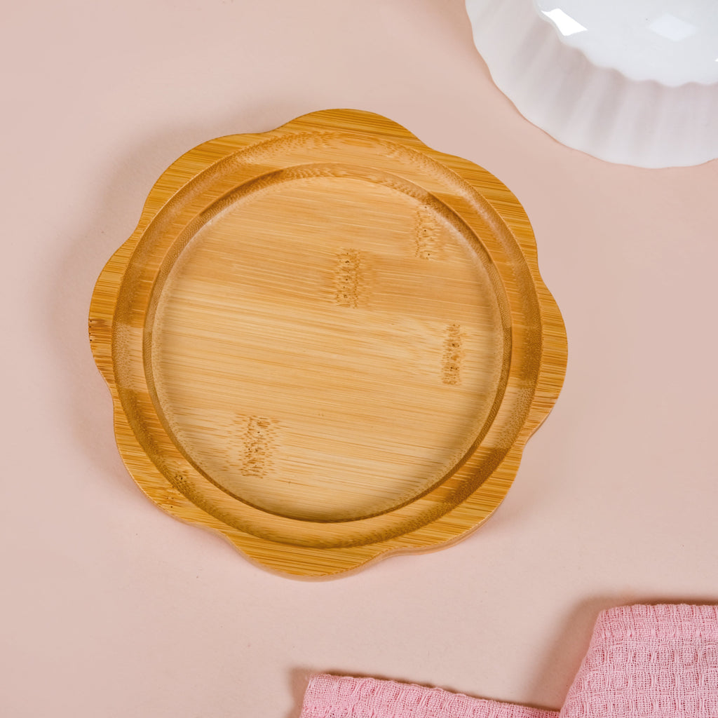 Round Wooden Dish With Fluted Texture Ceramic Lid Nestasia