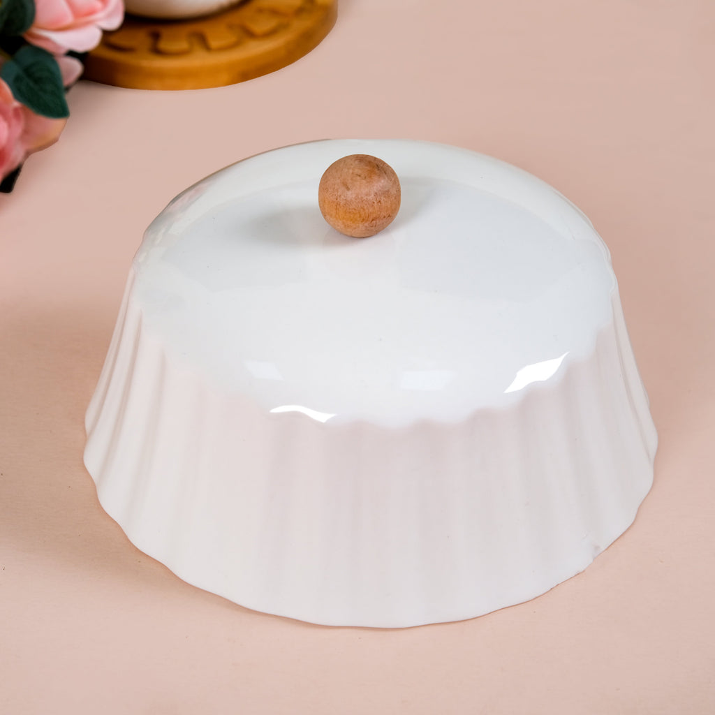 Round Wooden Dish With Fluted Texture Ceramic Lid Nestasia