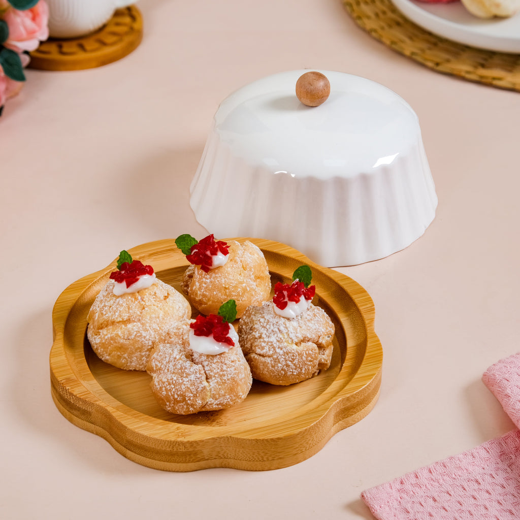 Round Wooden Dish With Fluted Texture Ceramic Lid Nestasia