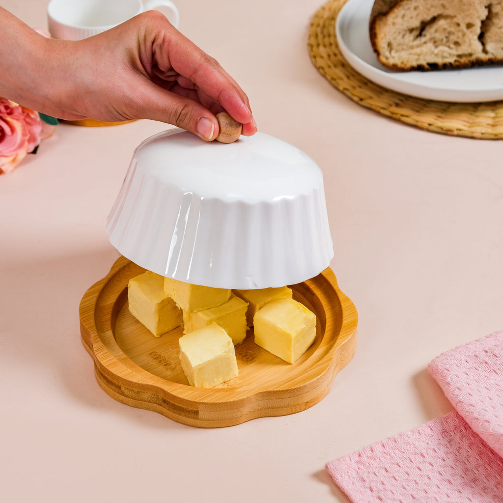 Round Wooden Dish With Fluted Texture Ceramic Lid Nestasia