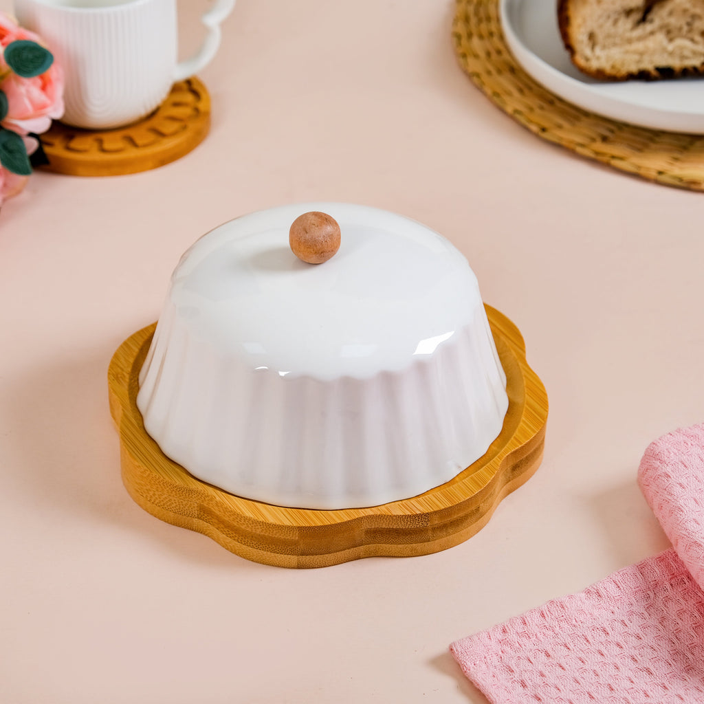 Round Wooden Dish With Fluted Texture Ceramic Lid Nestasia