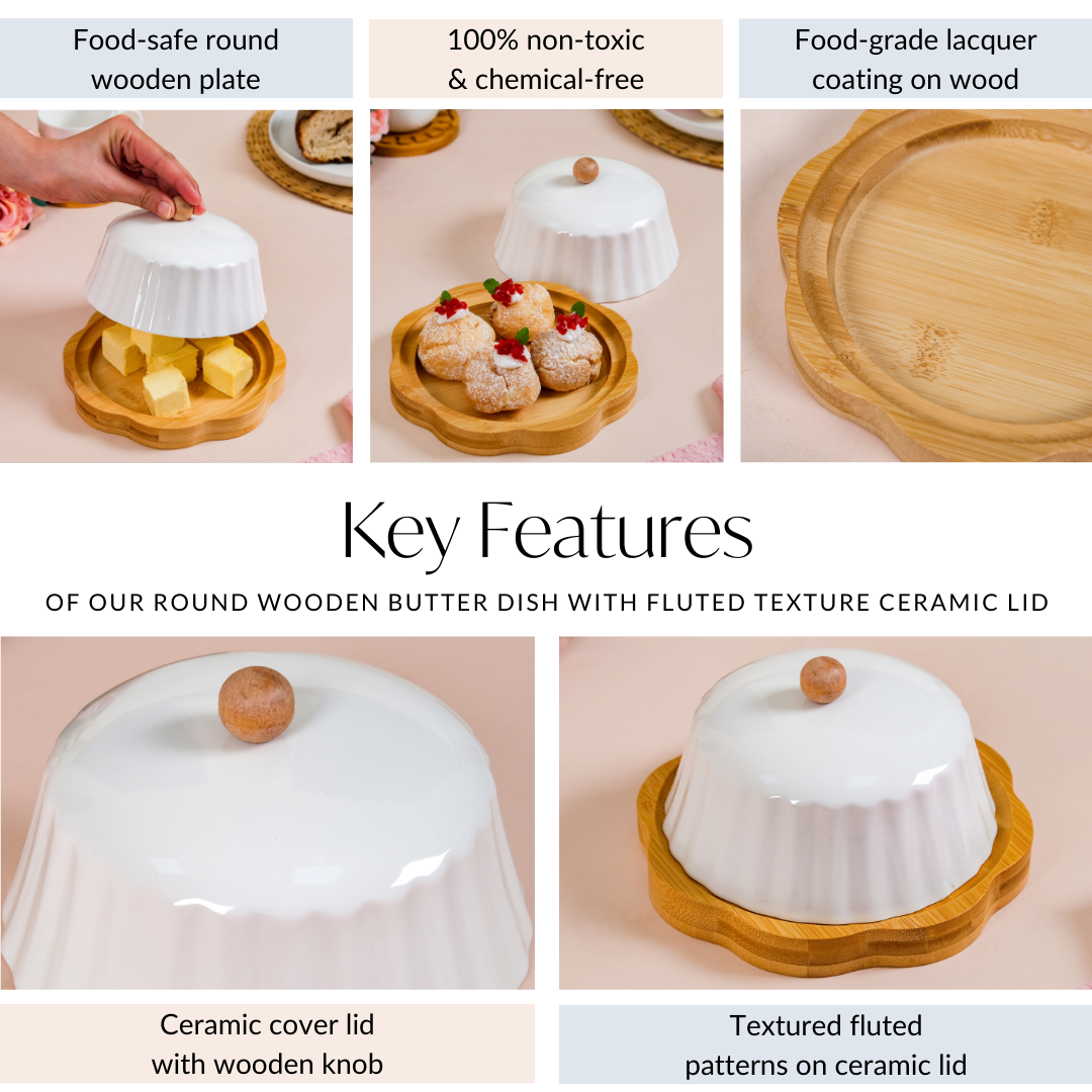 Round Wooden Dish With Fluted Texture Ceramic Lid Nestasia