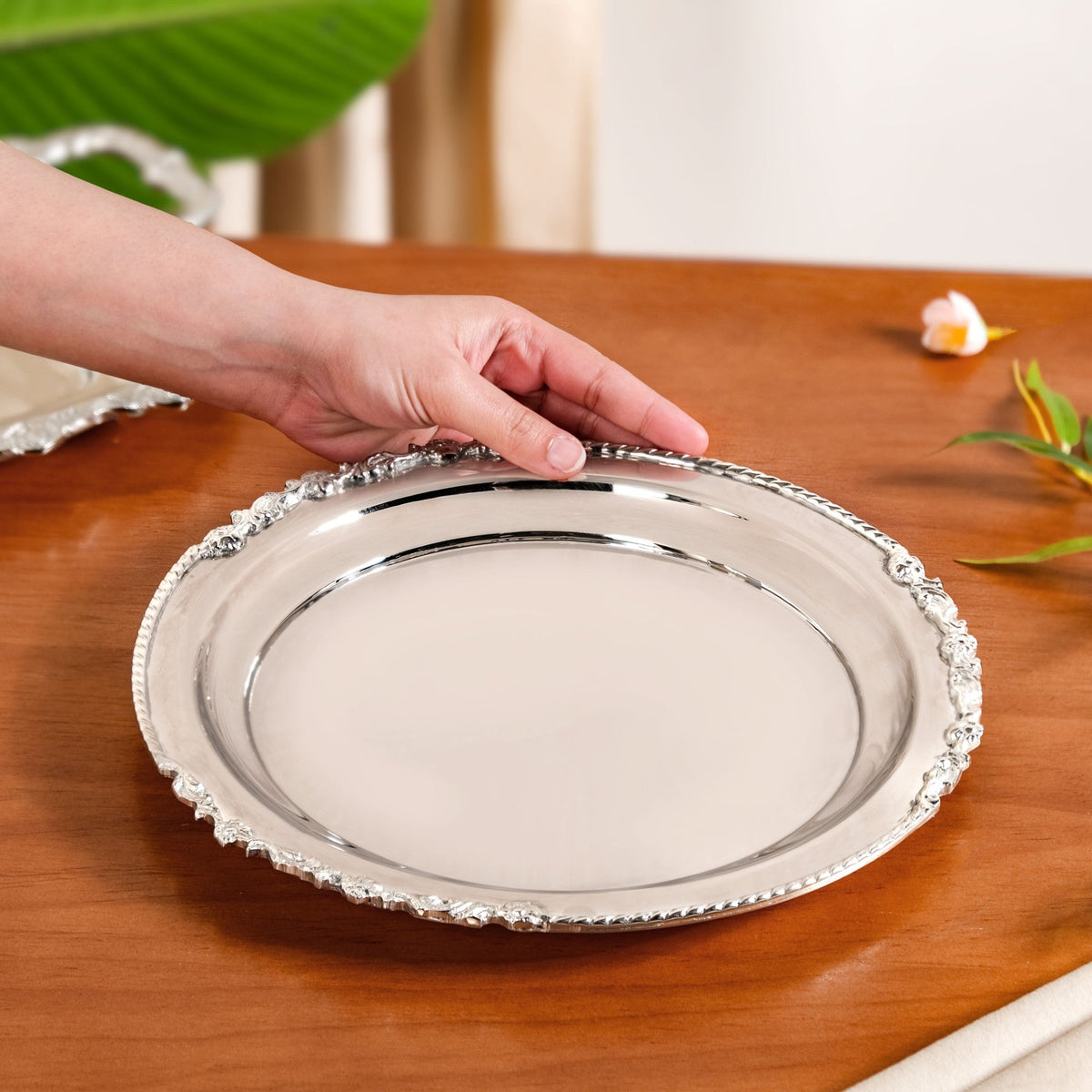 Royalcore Ornate Brass Rim Decorative Tray Silver Nestasia