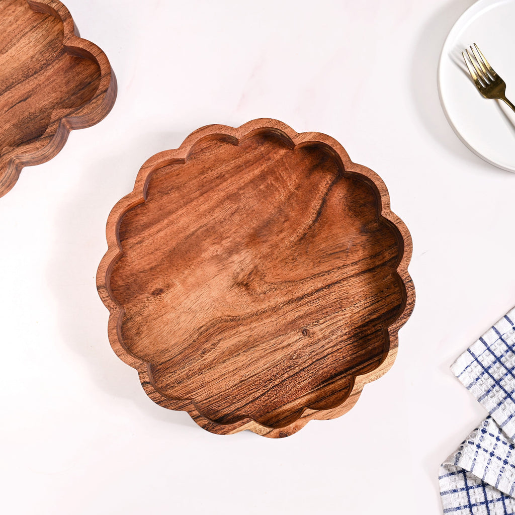 Rustic Scalloped Acacia Serving Platter 30cm Nestasia