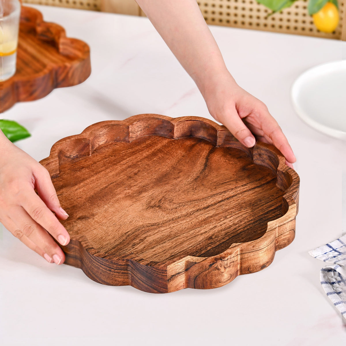 Rustic Scalloped Acacia Serving Platter 30cm Nestasia