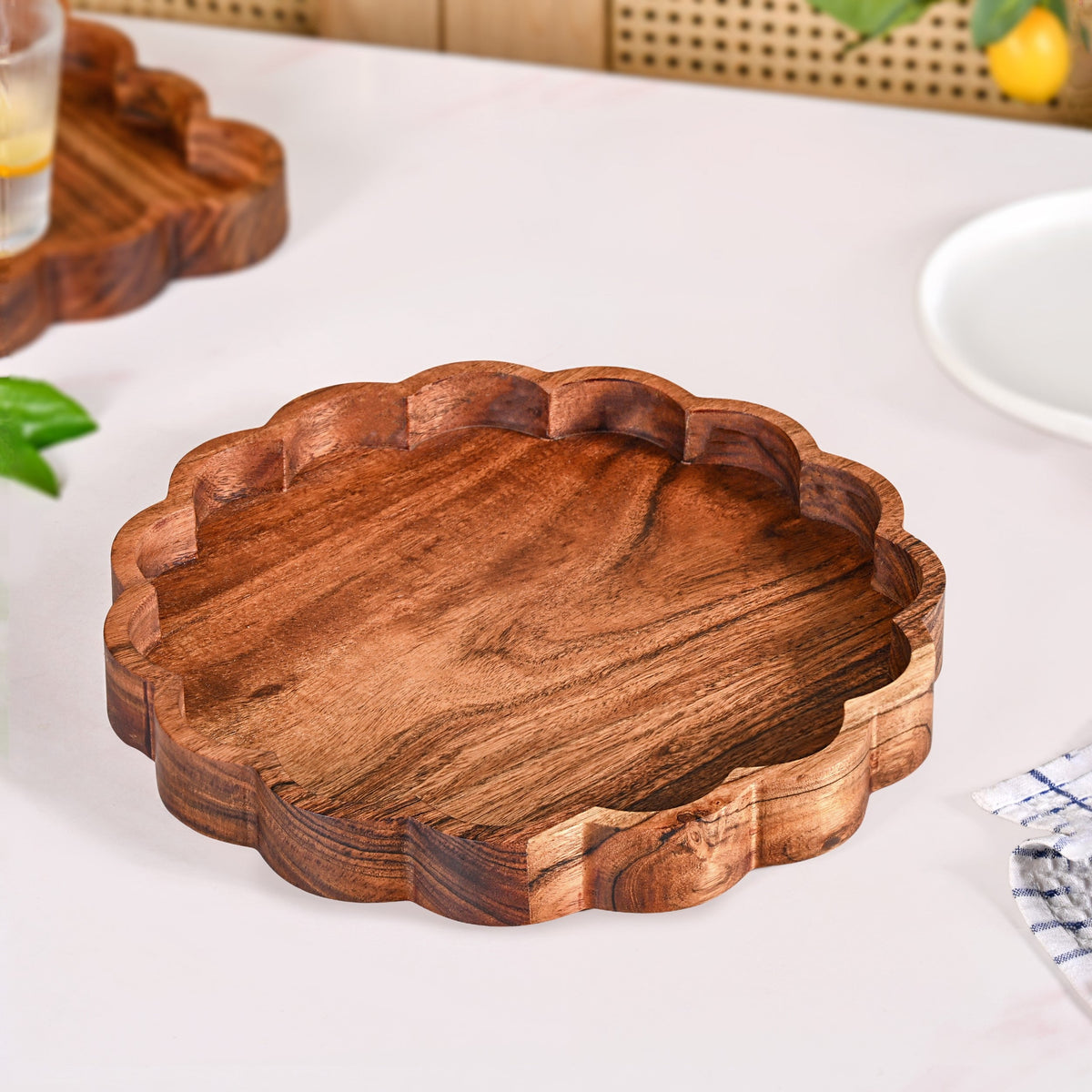 Rustic Scalloped Acacia Serving Platter 30cm Nestasia
