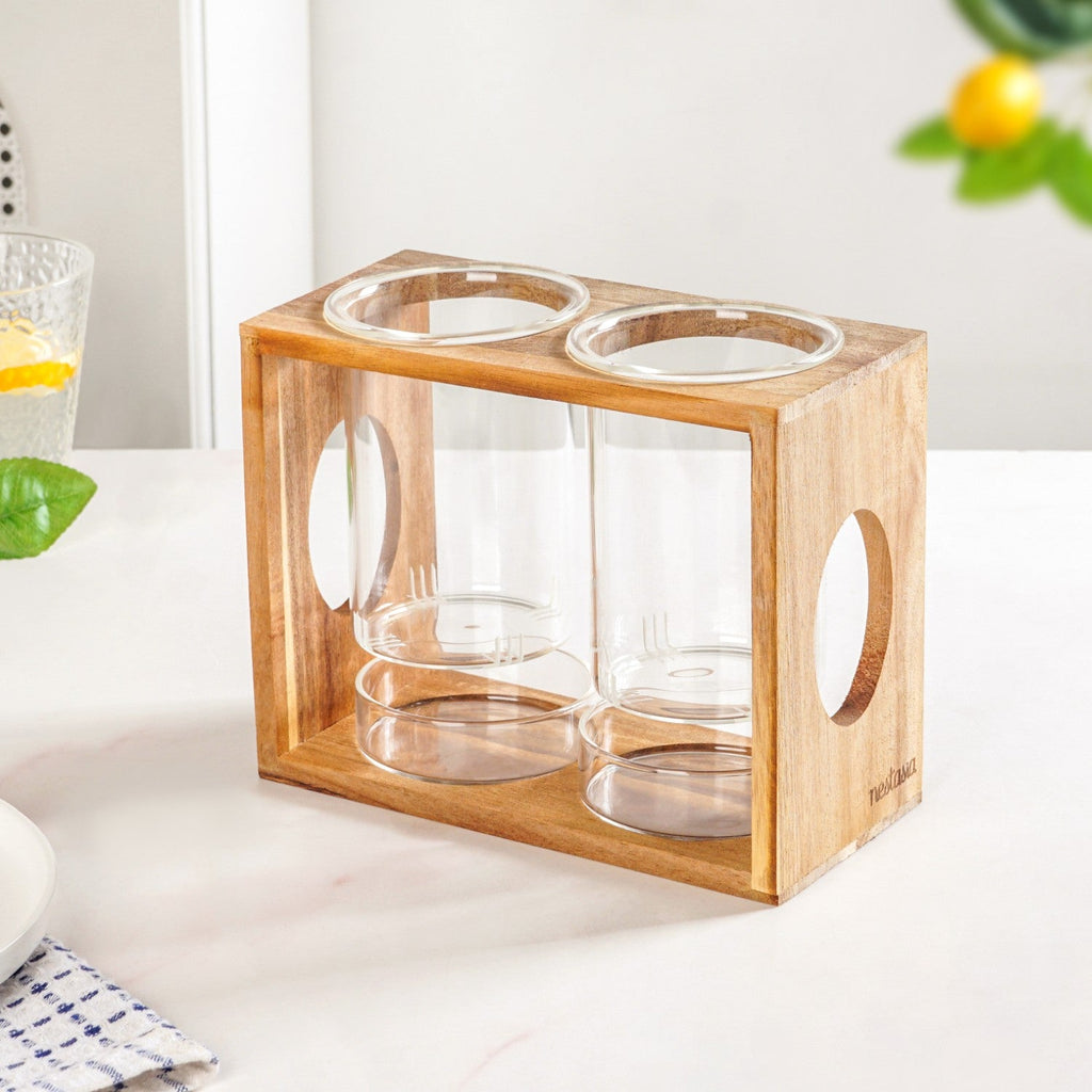 Rustic Wooden Cutlery Stand With Glass Holders Nestasia