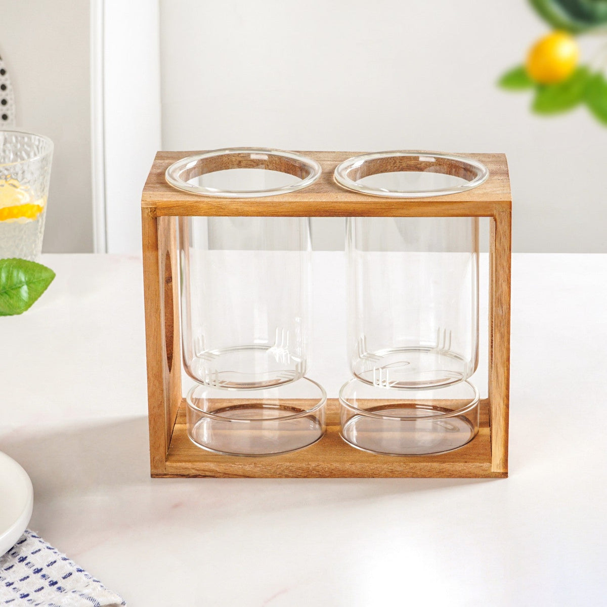 Rustic Wooden Cutlery Stand With Glass Holders Nestasia